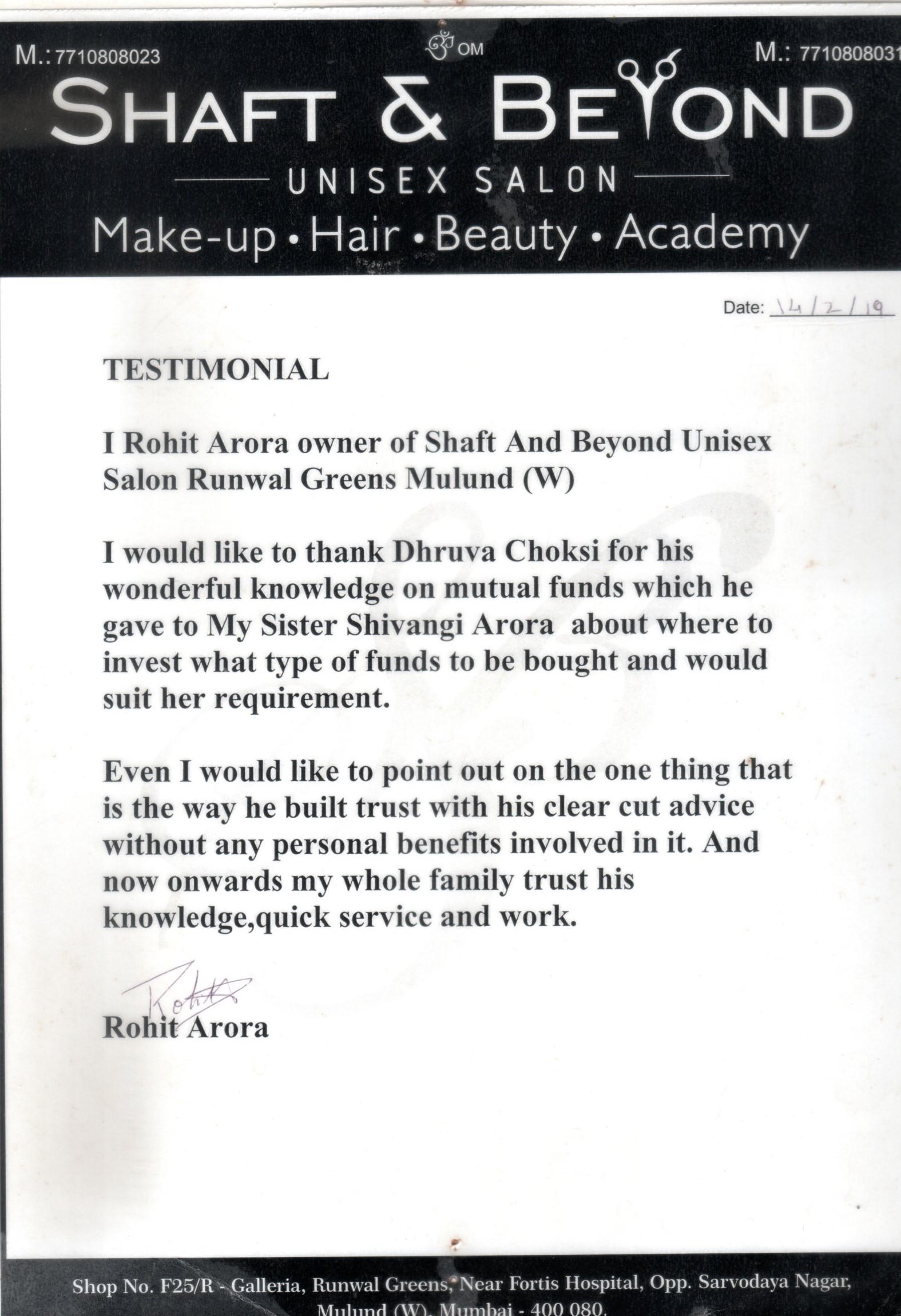 Testimonial letter from Rohit Arora, Shaft & Beyond Unisex Salon